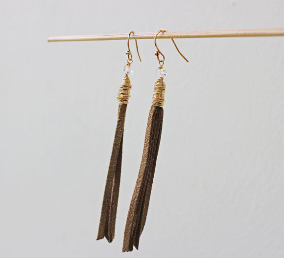 Suede and Herkimer Diamond Gold Fringe Earring