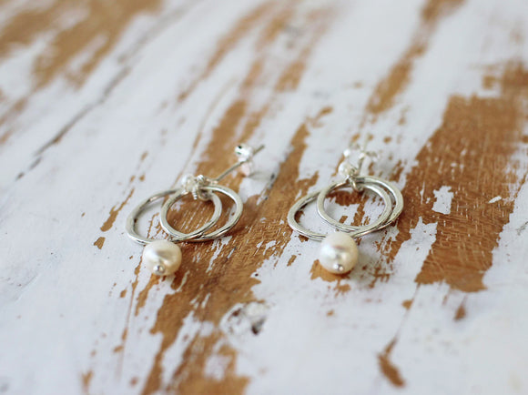 pearl dangle silver earrings double hoop